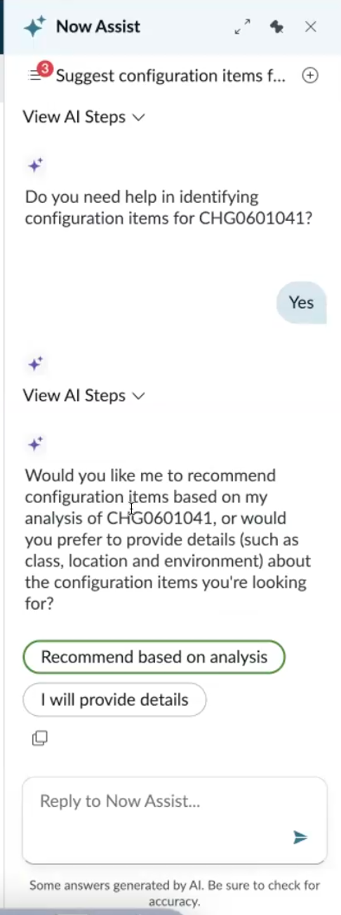 Suggest configuration items for a change request workflow output in the Now Assist panel.