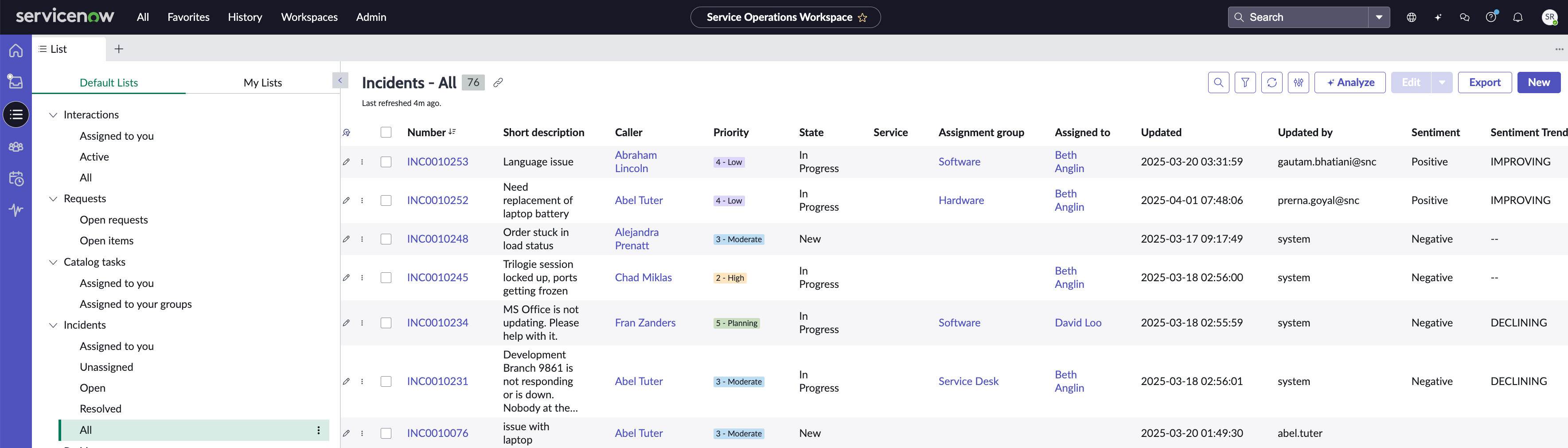 Sentiment analysis incident list view