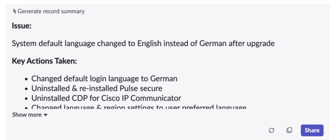 Incident summary in Core UI that specifies the issue and actions taken.