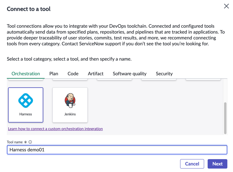 Connect to Harness tool screen