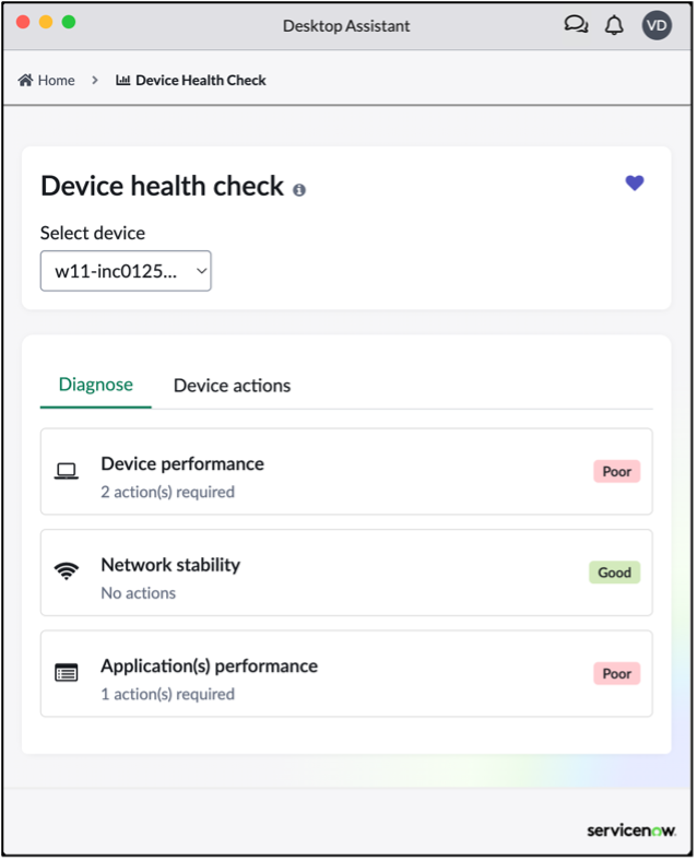 Diagnose tab on Device health check home page
