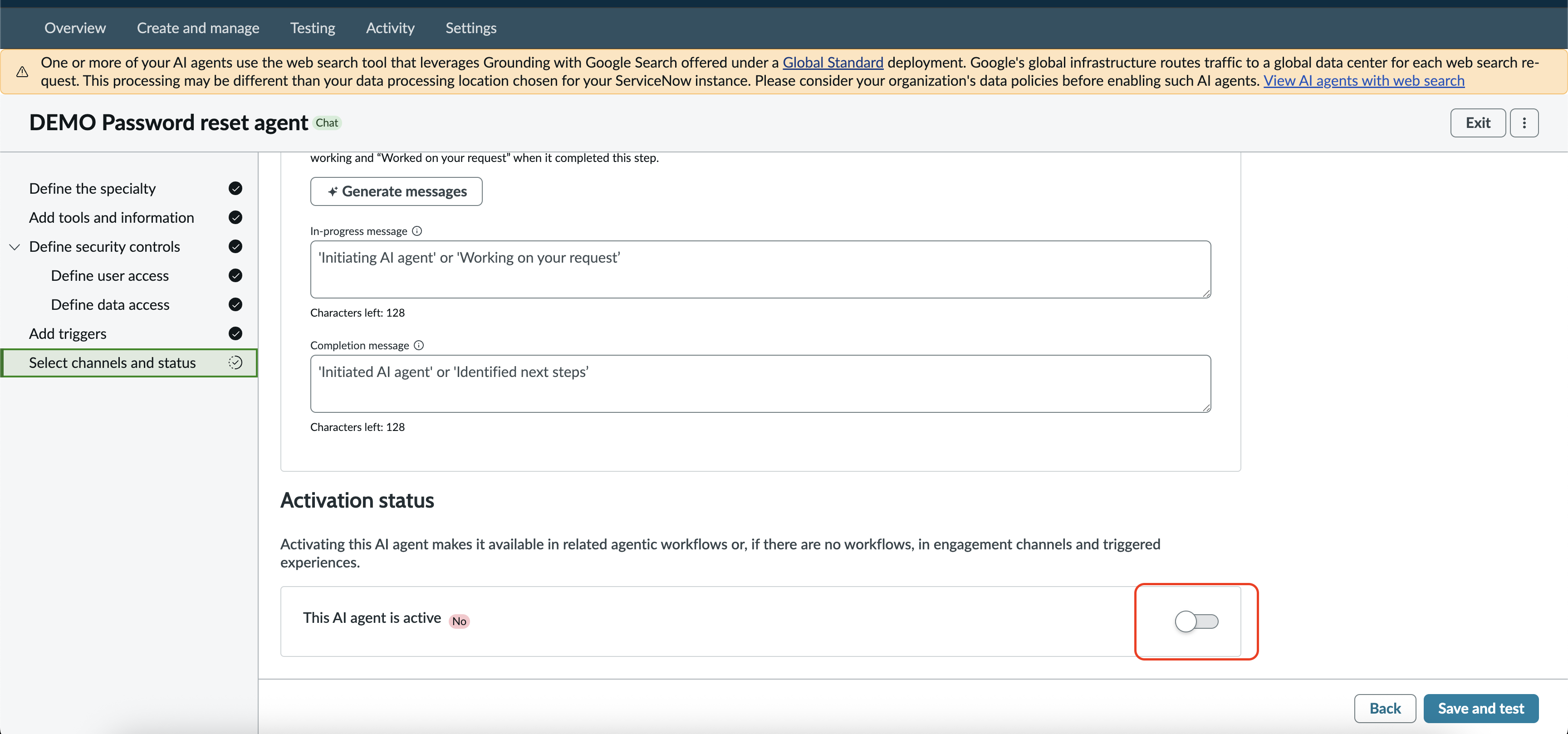 Demo password reset agent- enable the agent