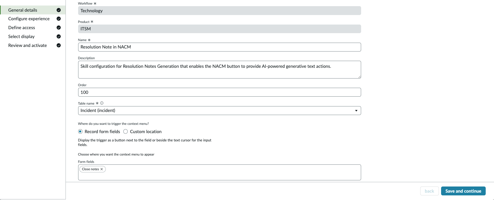 General details screen in the Resolution notes in NACM screen