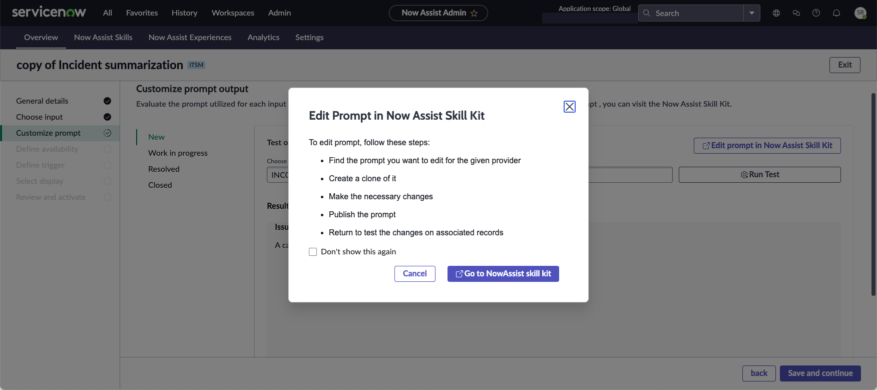 Edit prompt screen to modify prompts in the Now Assist Skill Kit.
