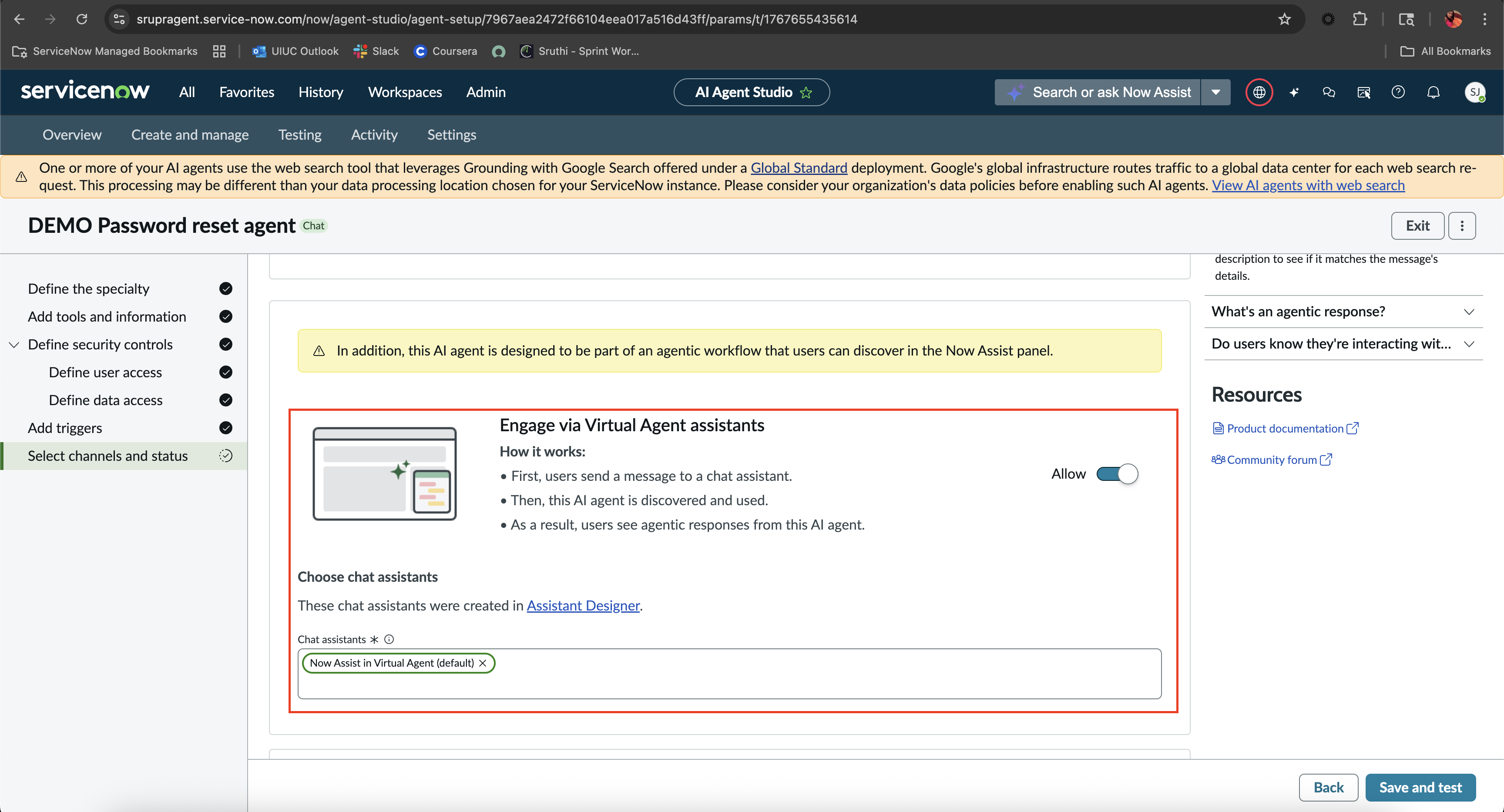 Demo password reset agent- enable Engage via Virtual Agent assistants