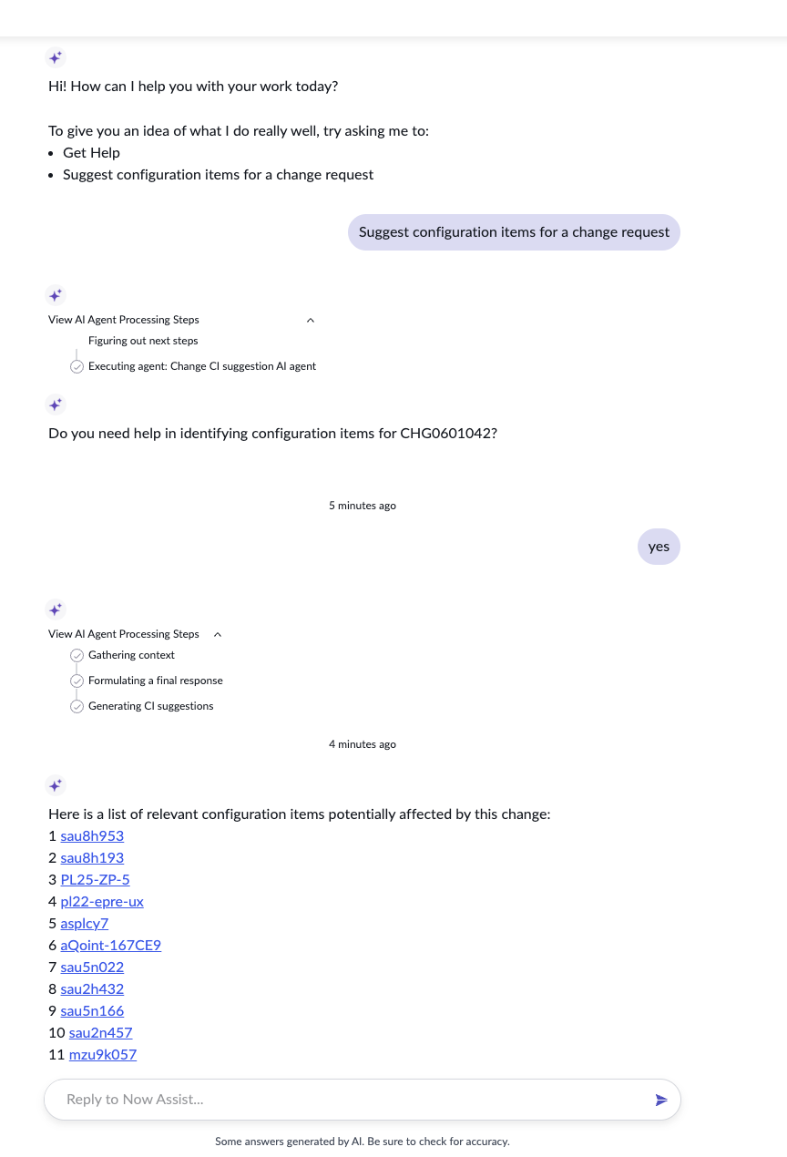 Suggest configuration items for a change request workflow output in the Now Assist panel