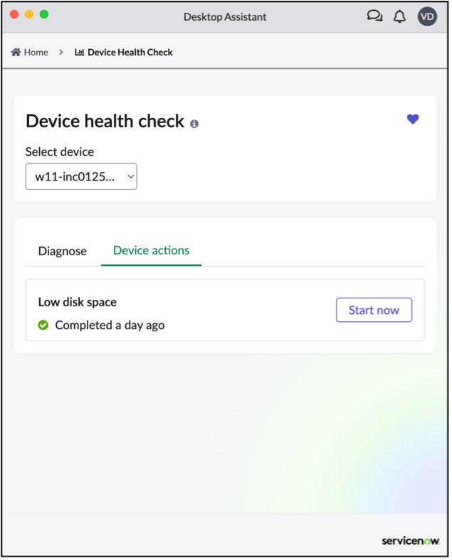 Device actions tab in Device health check home page