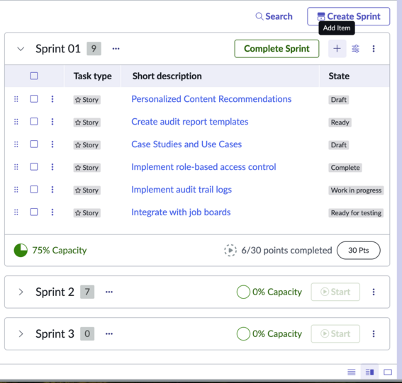Add item option in Sprint planning in the CWM workspace.