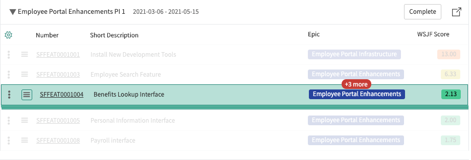 Multiple features are selected on the SAFe Backlog page.