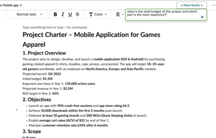 Ask questions in the context of the document. Here, user asks questions on project budget, in the context of a Project Charter document.