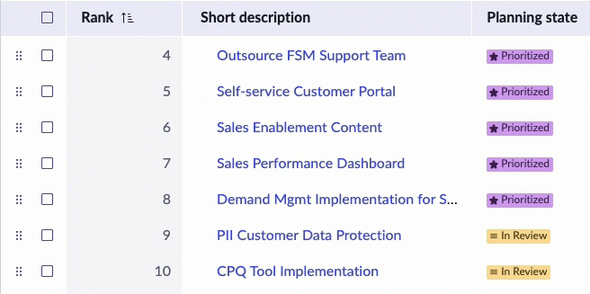 Prioritization page single row reorder
