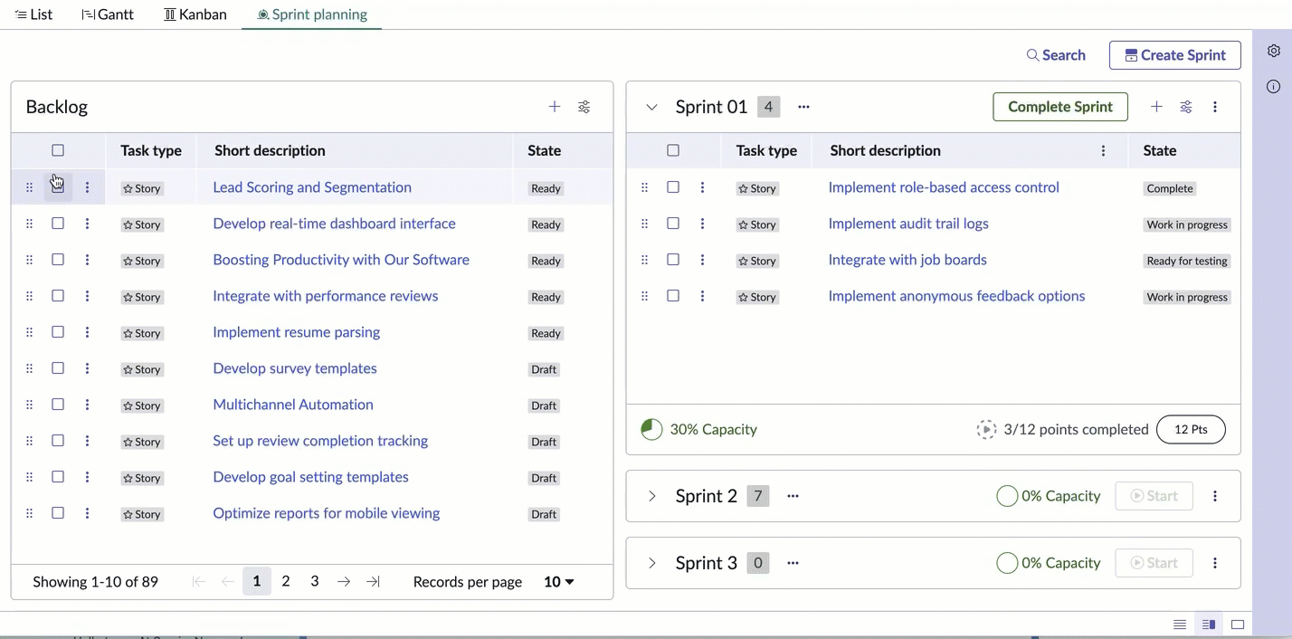 Drag and drop work items from backlog to sprint and from one sprint to another.