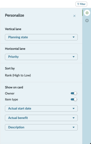 Personalize side panel of Strategic Planning Kanban tab showing the column choices.