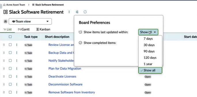 Board preferences filter to show only work items that are updated within 7, 30, 90, 120 days, or 1 year.