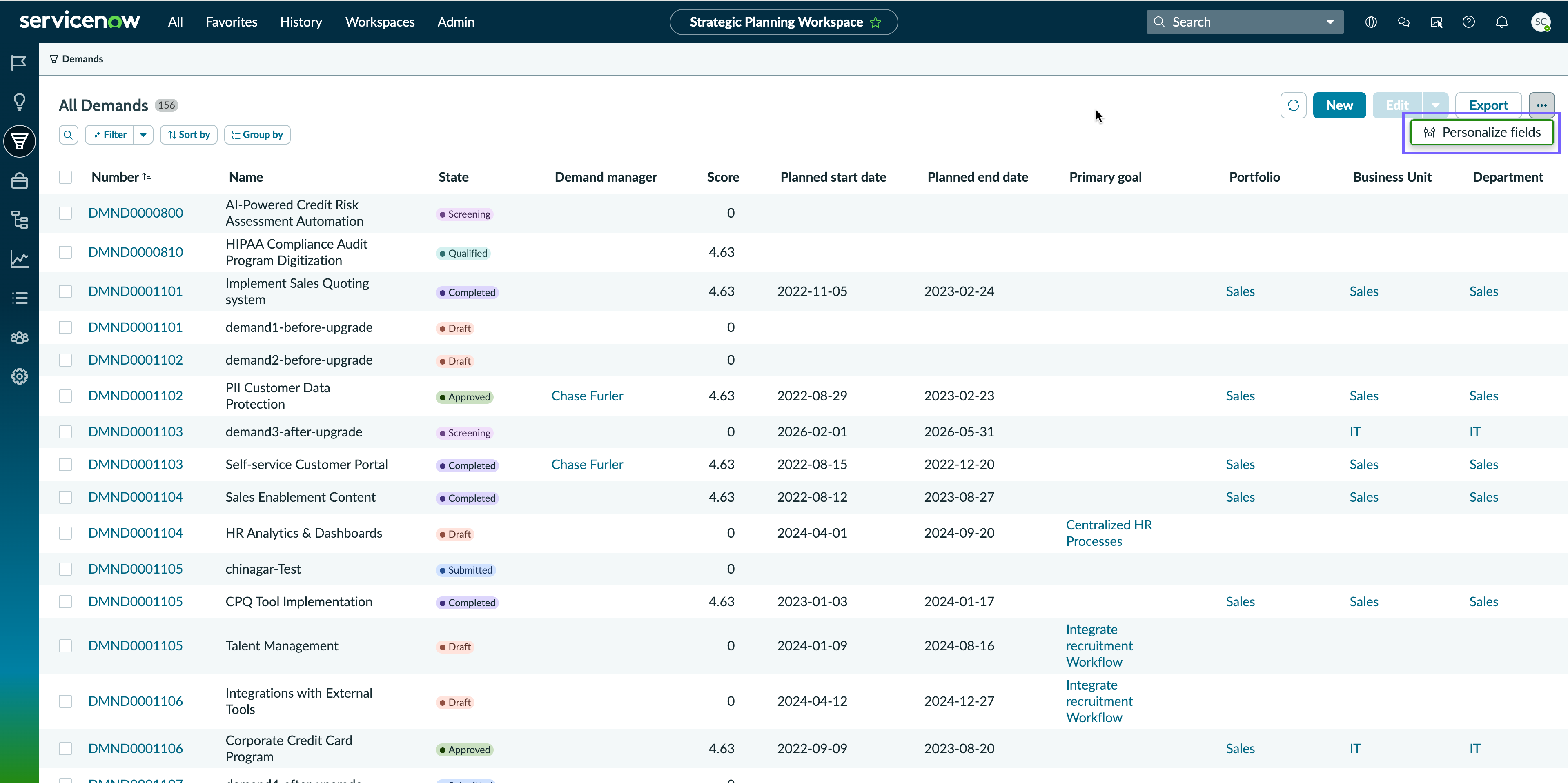 The Personalize fields option under More Actions allows you to customize your list view.