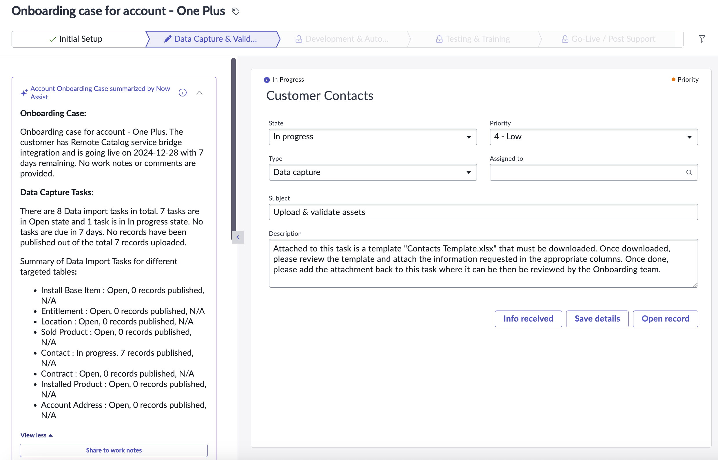 Résumé du ticket d’intégration du compte.