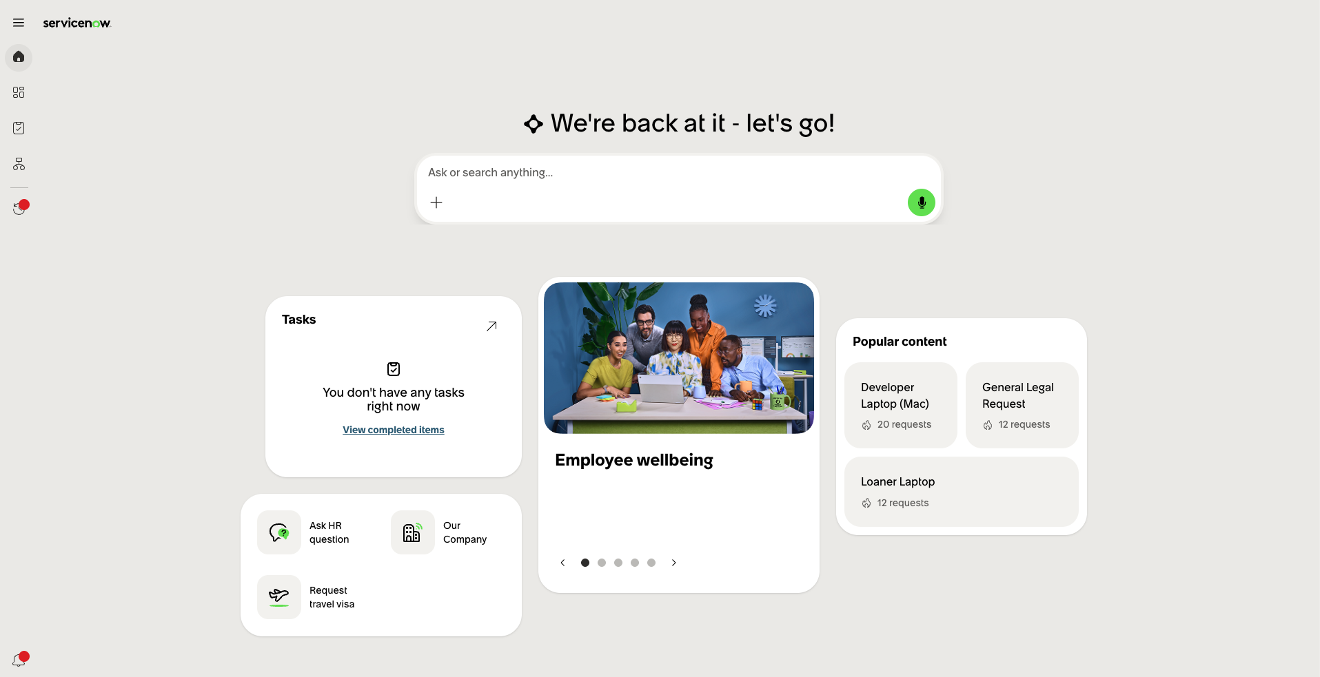 Employee Slate portal showing the conversational interface and service request options.