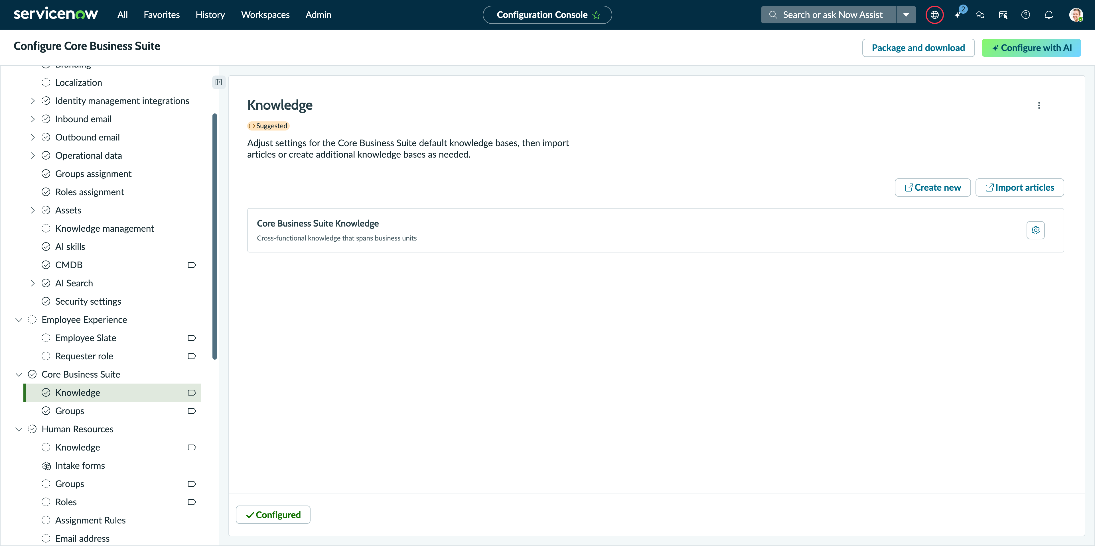 Knowledge base module under Core Business Suite within the Configuration Console.