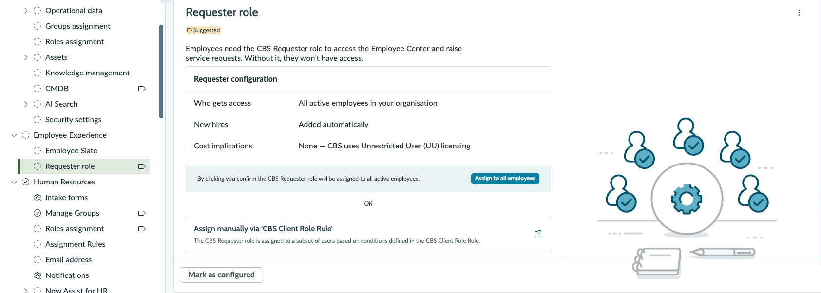 Configuration Console showing the Requester role options under Employee Experience, with Assign to all employees and Assign manually via CBS Client Role Rule selections