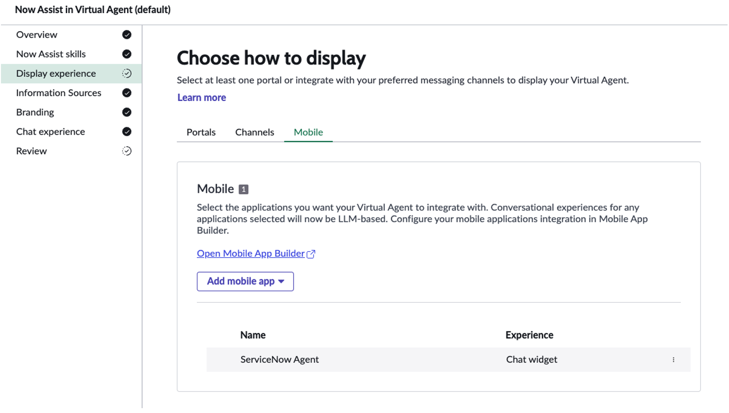 채팅 위젯 환경이 선택된 모바일 드롭다운 페이지