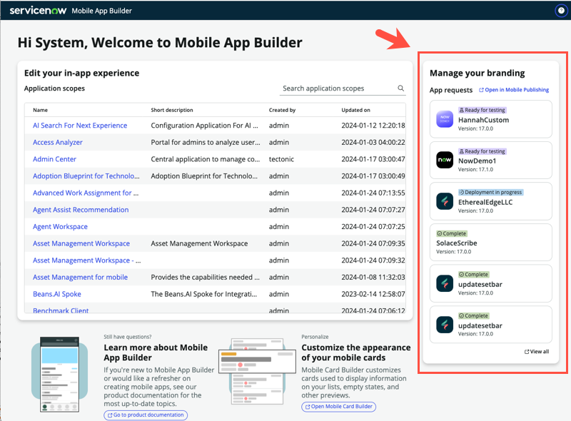 Mobile Publishing sidebar on the Mobile App Builder main page