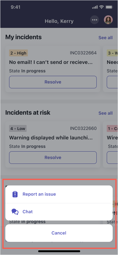 Quick actions screen.
