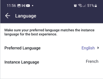 Language page options within ServiceNow mobile apps.