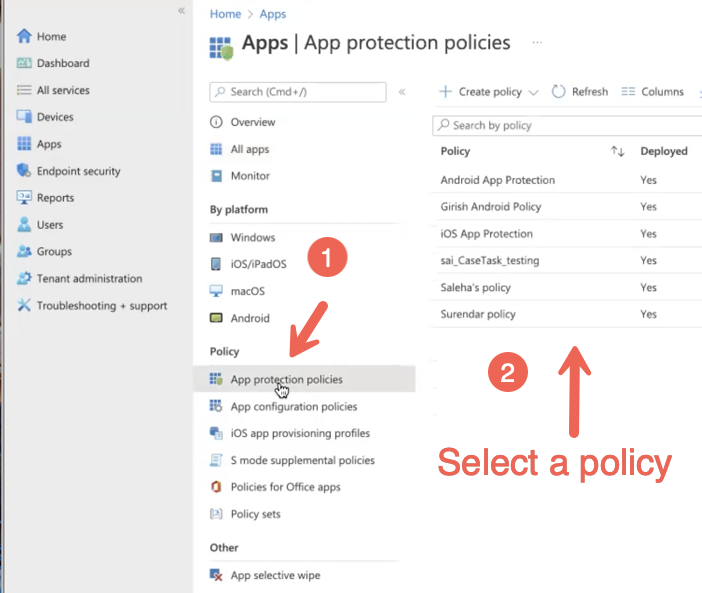 Microsoft Endpoint Manager admin center showing the options to select an app protection policy.