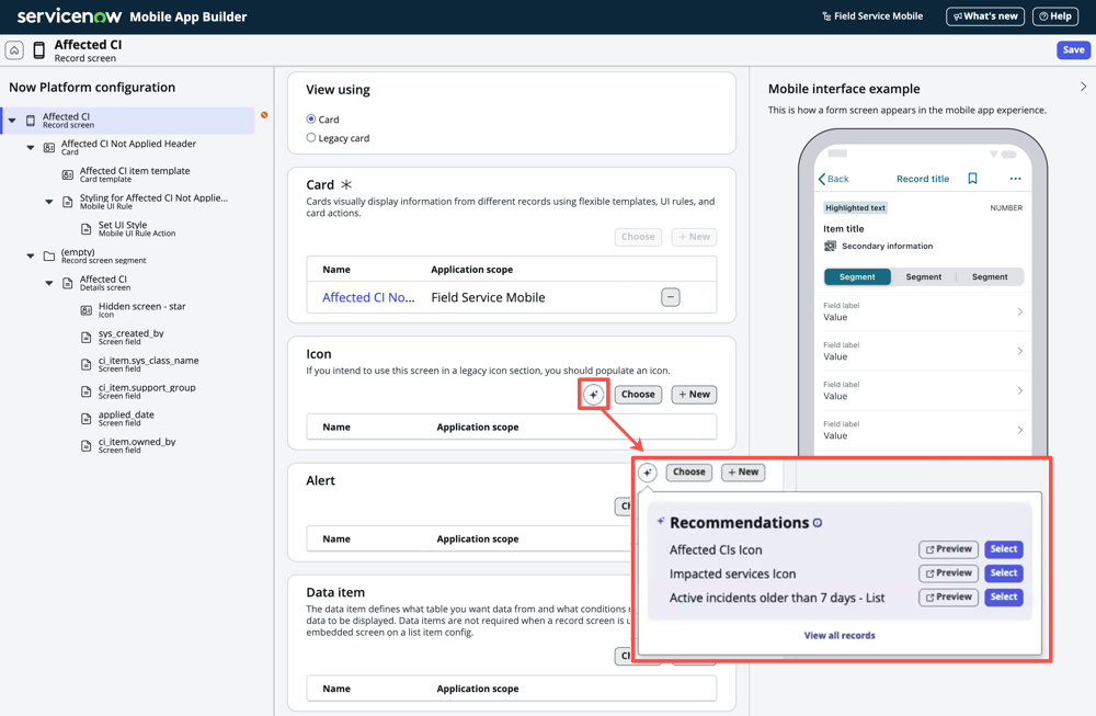 component recommendations pop-up showing three recommendations