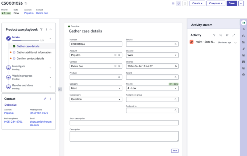 Playbook de tickets : modèle de page d’étapes verticales avec un sélecteur d’étape qui s’affiche sur le côté de l’interface utilisateur
