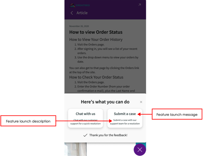 Widget affichant les fonctionnalités de messagerie instantanée avec nous et de soumission de ticket ainsi que leur description.