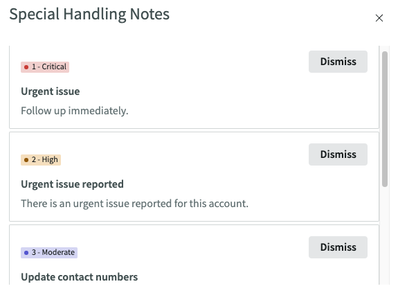 Fenêtre contextuelle Notes de gestion spéciale affichant plusieurs notes avec en-tête, description et priorité illustrées en couleurs.