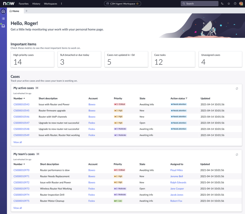 Page de destination pour suivre vos tickets actifs et vos éléments importants. Pour la description du texte, reportez-vous à la table Page de destination CSM et Page de destination CSM - Sections et composants Premium.