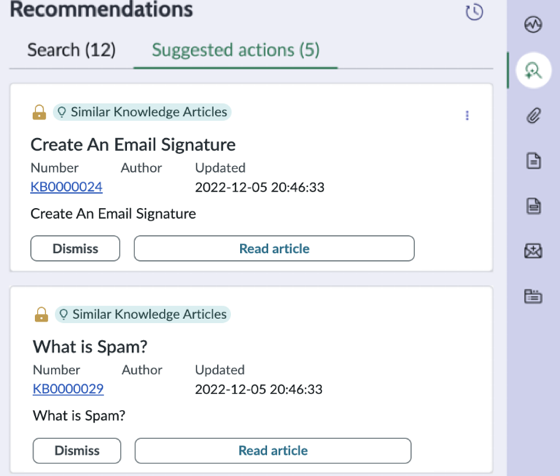 Onglets Actions recommandées et Rechercher dans le panneau latéral contextuel de Espace de travail configurable de CSM
