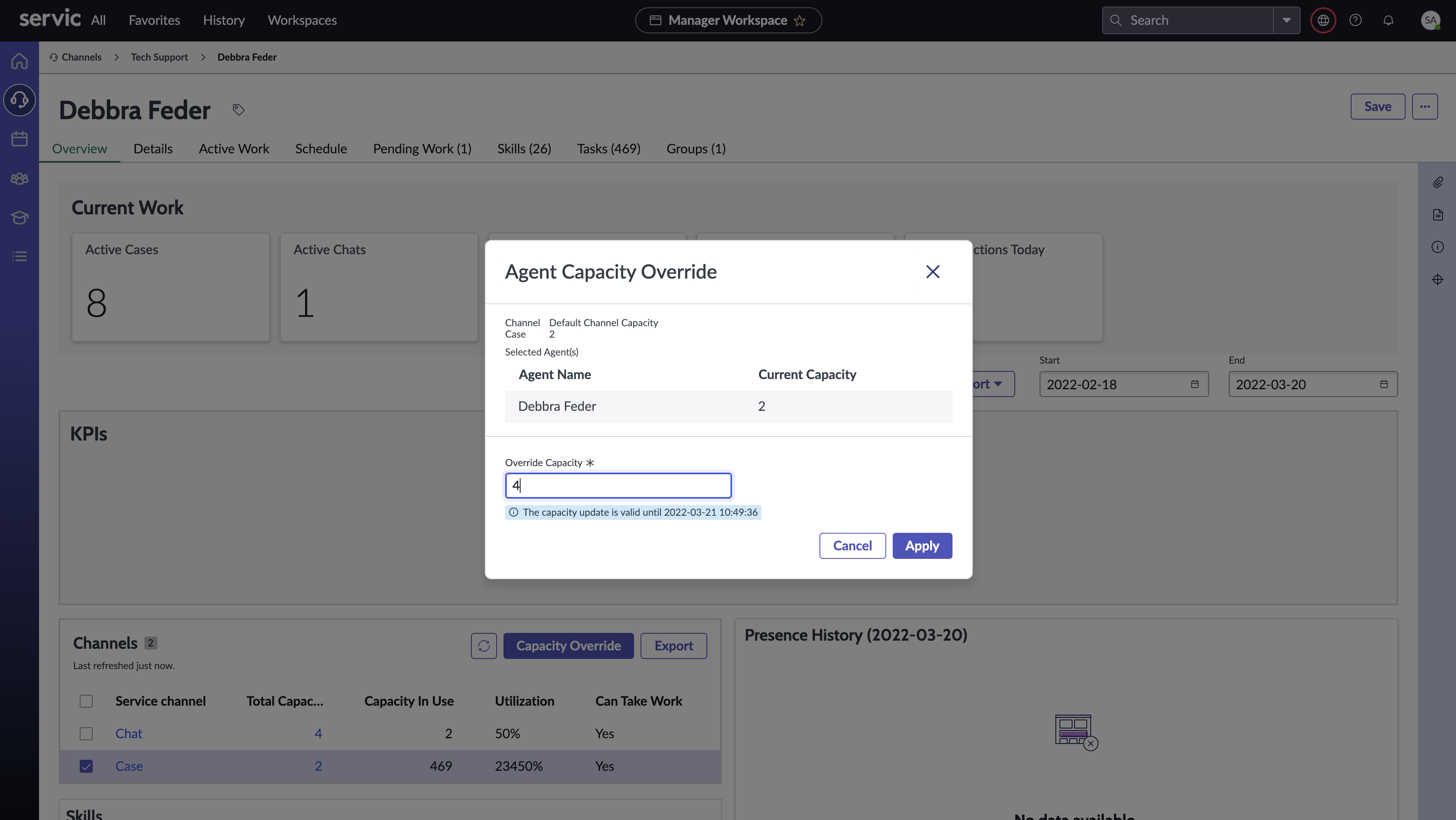 Remplacement de la capacité de l’agent : message contextuel affichant la capacité actuelle de l’agent ainsi qu’un champ pour mettre à jour la capacité.