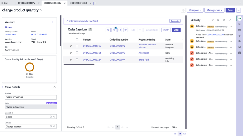 Page de ticket de commande avec les informations sur le client et le compte, le SLA et les détails du ticket. Le panneau central affiche la liste de lignes de ticket de commande. La page comprend également le panneau latéral configurable.