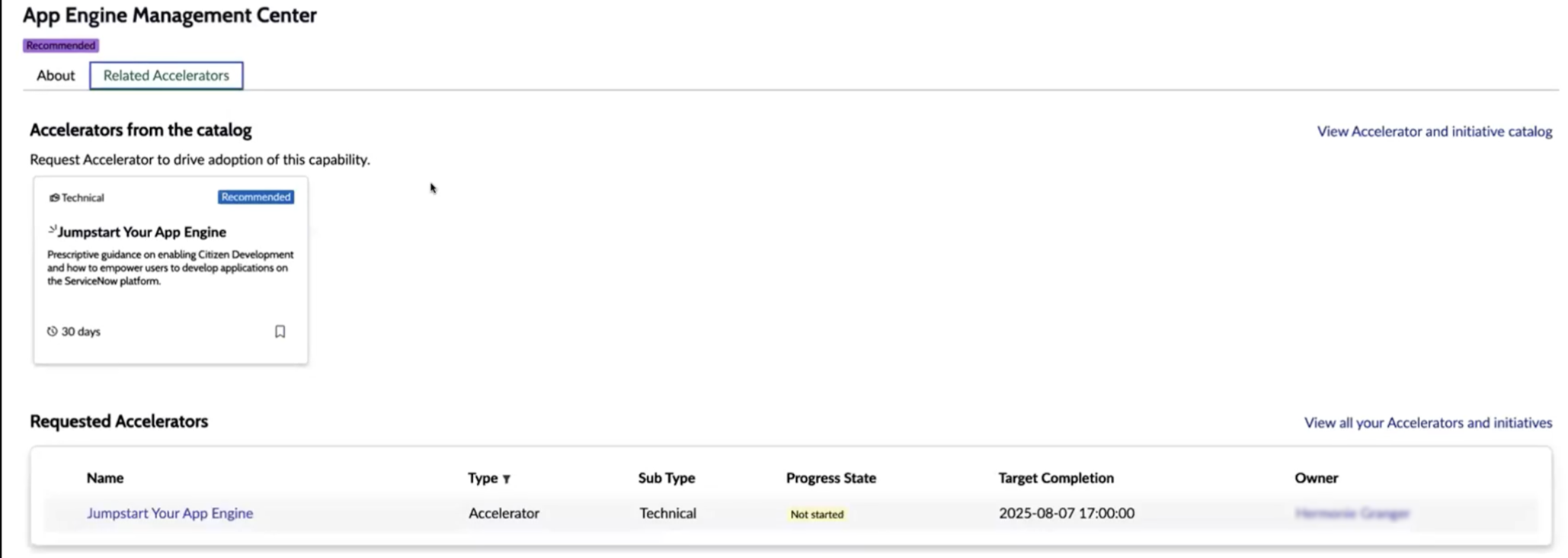 The Related Accelerators tab for the selected recommendation.