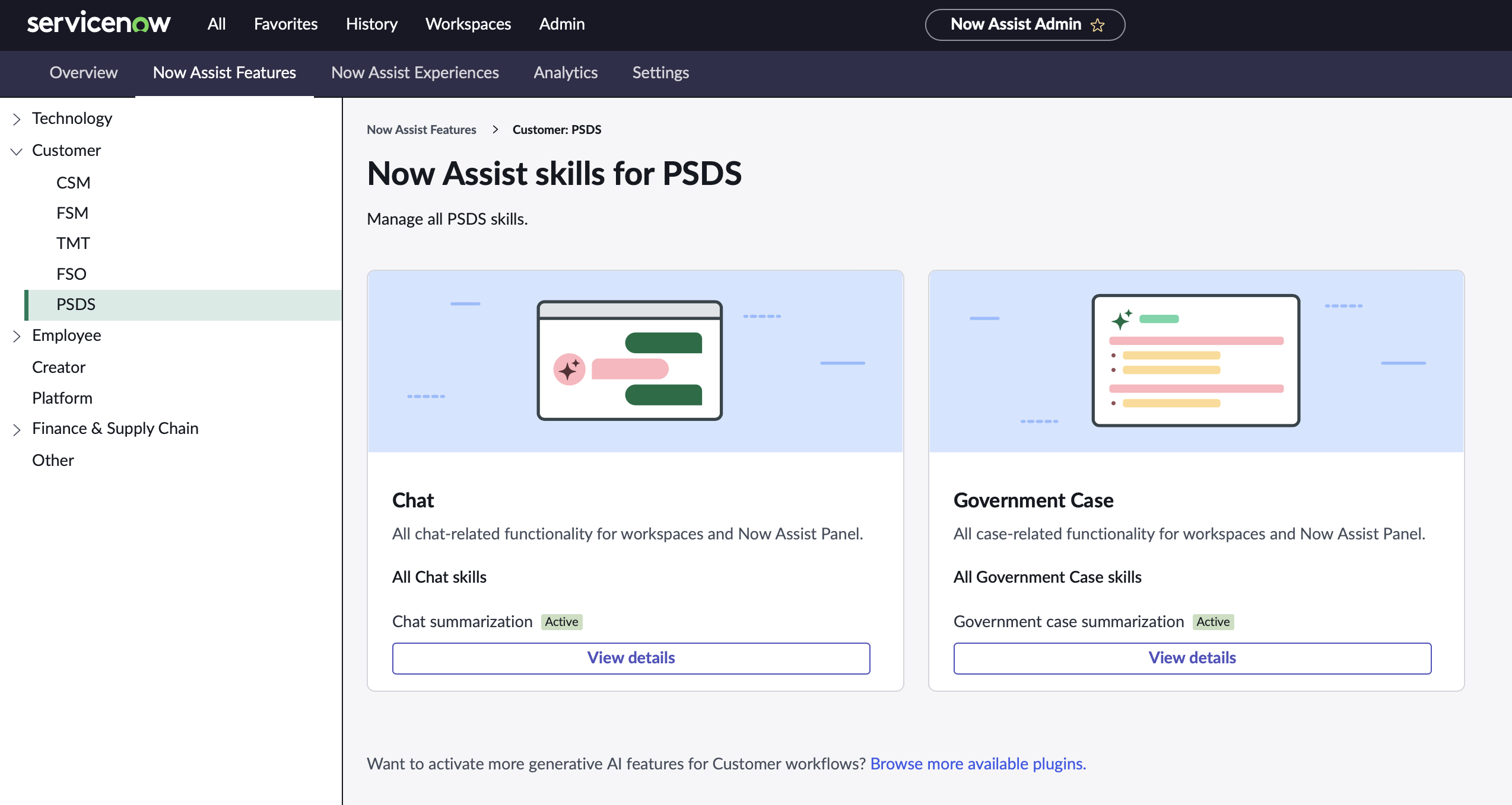 Menu déroulant affichant PSDS dans la liste des produits Now Assist