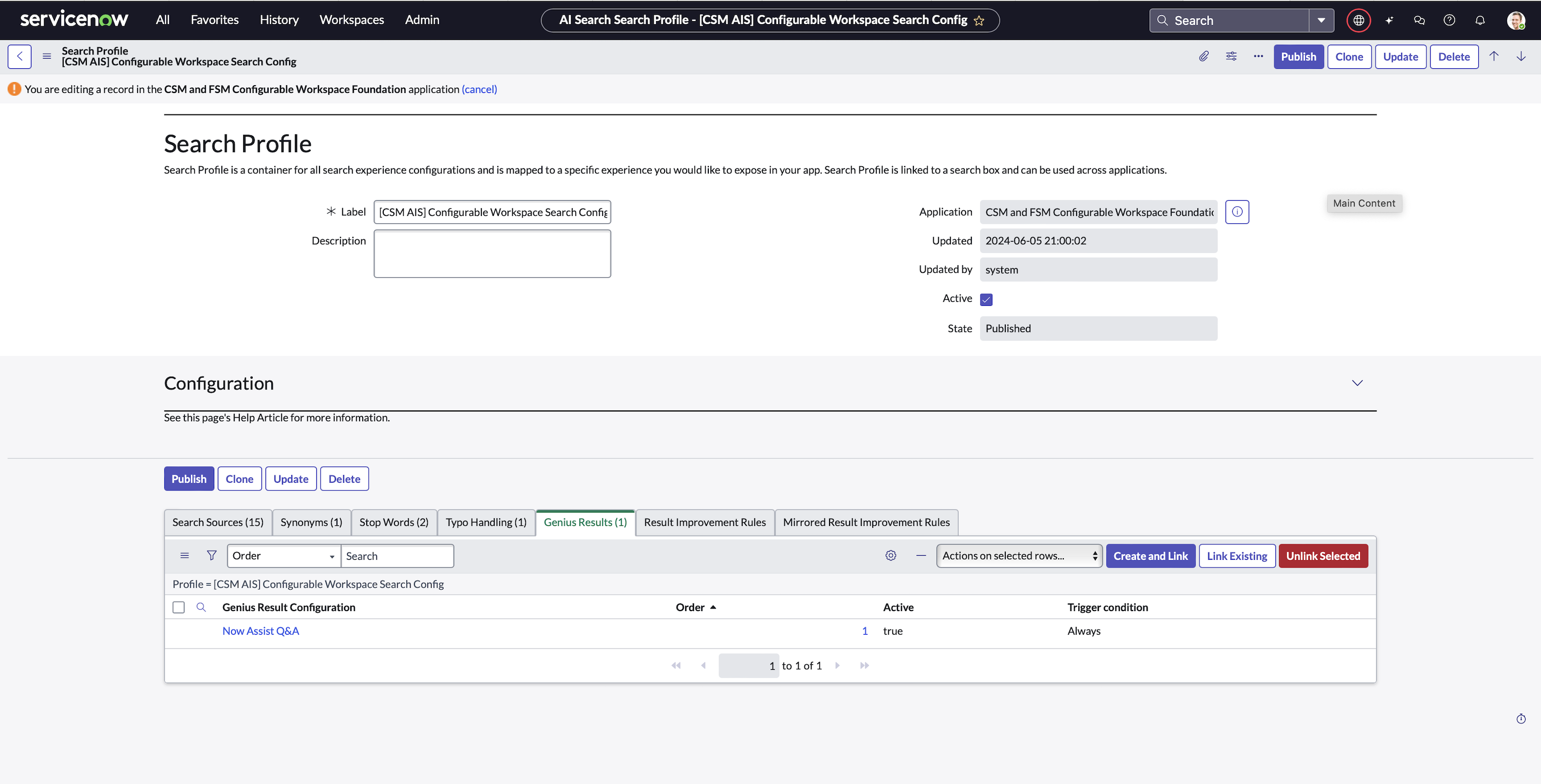 Liste connexe du profil de recherche affichant la configuration des questions-réponses Now Assist