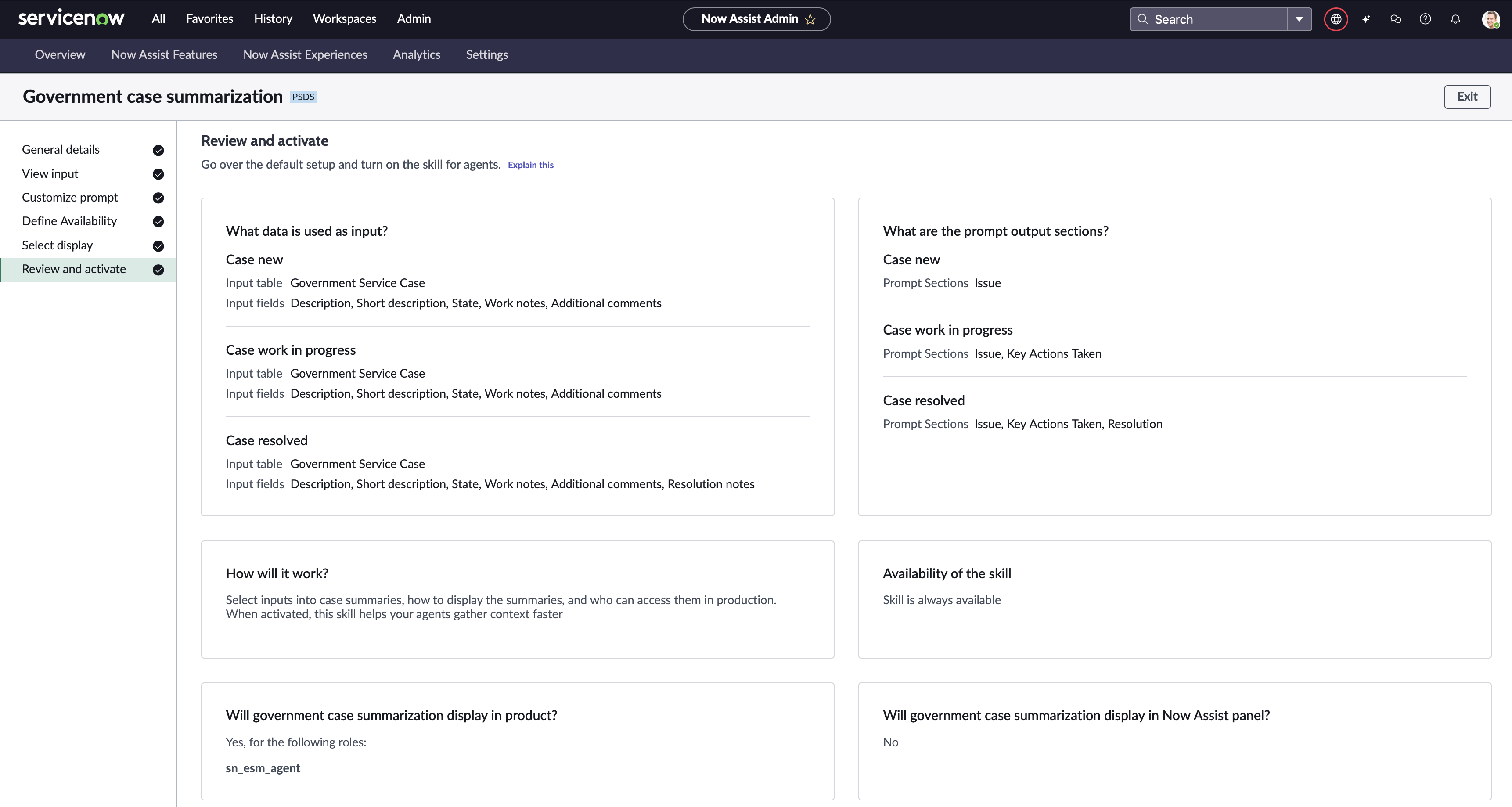 Étape Examiner et activer pour Now Assist la synthèse des tickets.