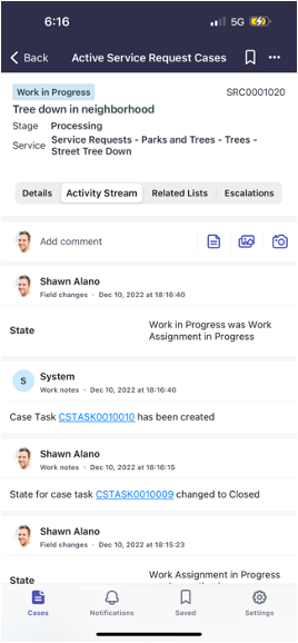 Vue de flux d’activité pour un enregistrement dans l’application Agent mobile.