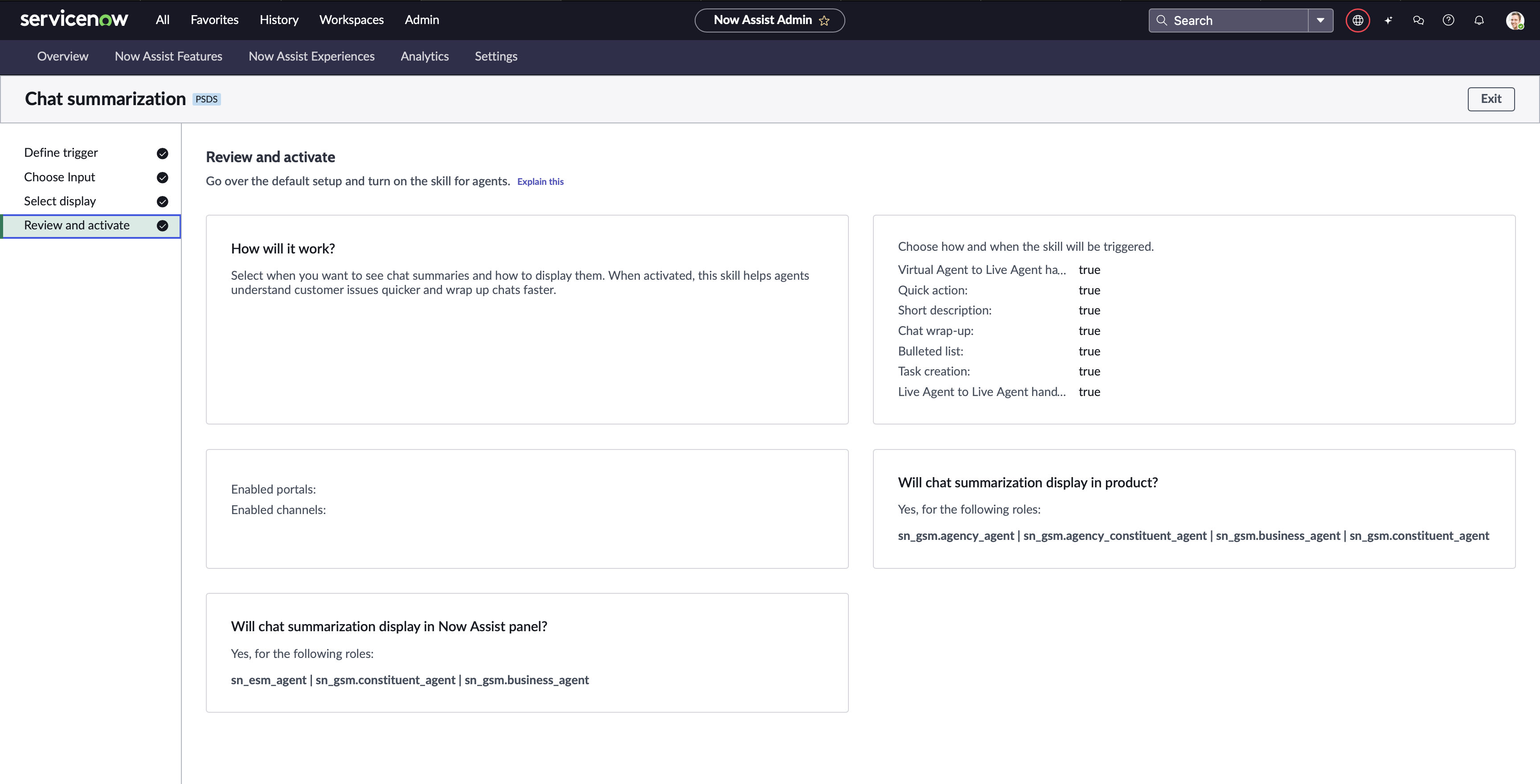Examiner et activer l’étape pour Now Assist la synthèse de la messagerie instantanée.
