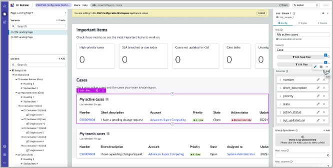 Vue administrateur du volet de configuration, dans laquelle vous pouvez personnaliser les champs, les colonnes et les sections affichés.