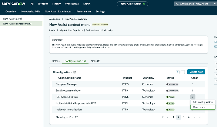 Affinage narratif du ticket Liste de configuration des compétences de l’IA qui affiche la compétence déjà activée.