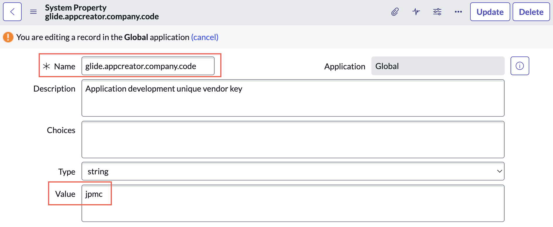 glide.appcreator.company.code の構成値。