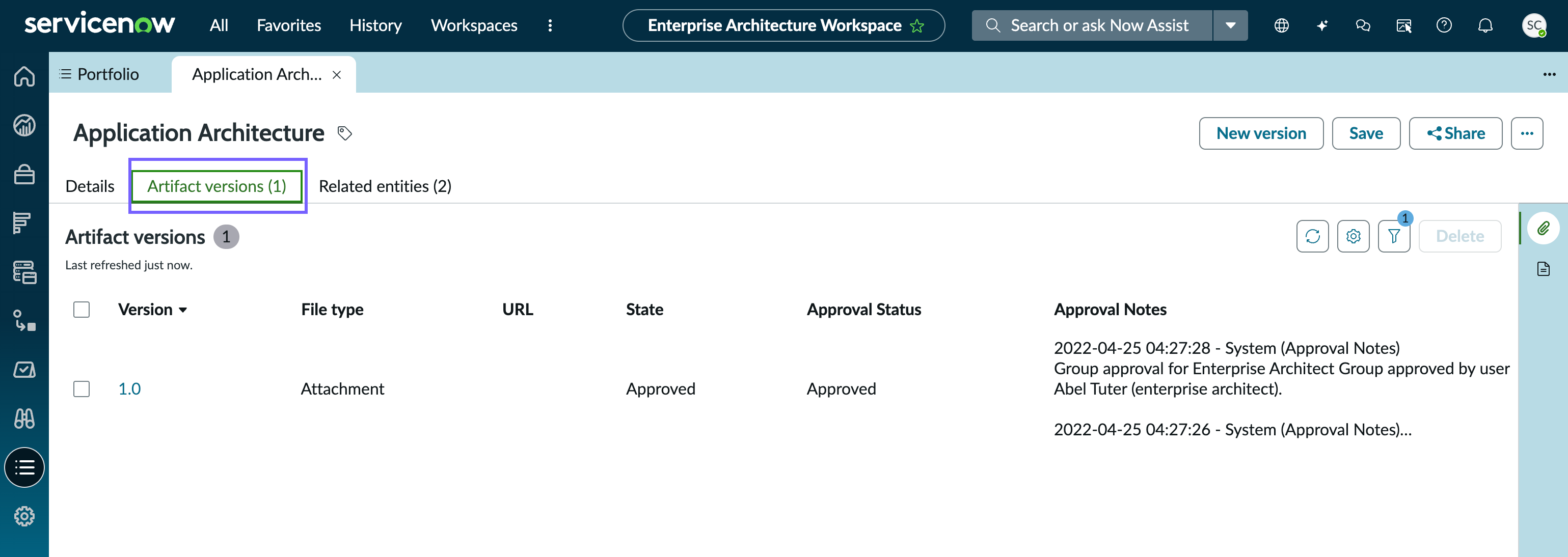 Architectural versions tab displaying the list of available architectural artifact versions.