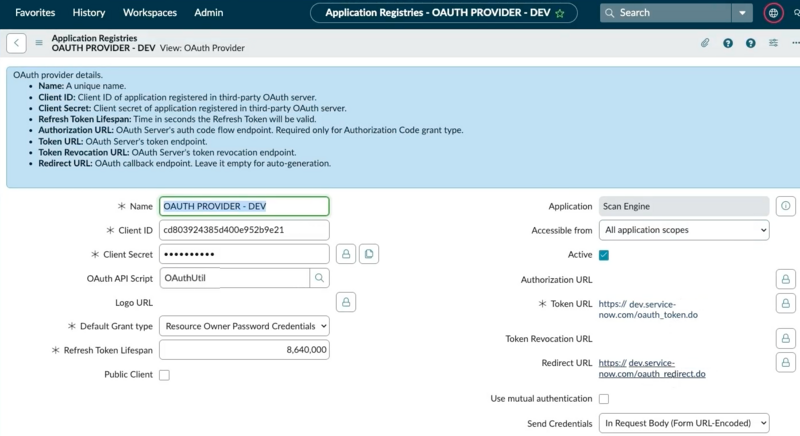OAuth Provider-Dev client record.