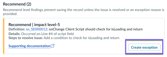 A Recommend level finding card in the Findings panel with the Create exception button.