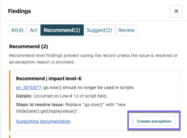 A Recommend level finding card in the Findings panel with the Create exception button.