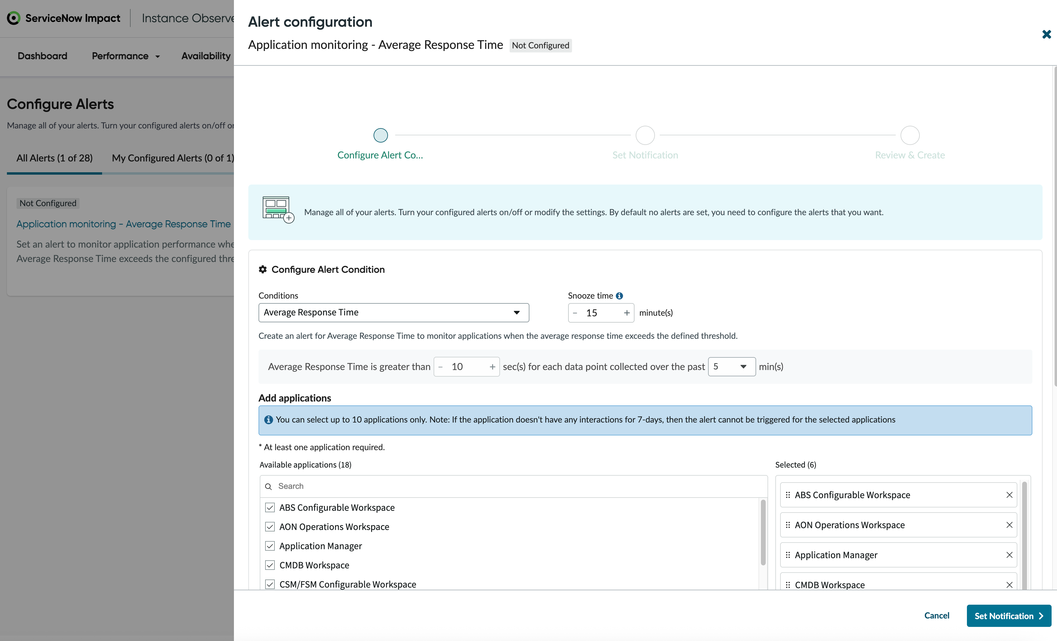 Setting conditions for average response time alert.